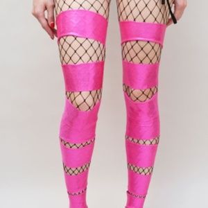 Metallic Pink Cut Out Leg Warmers Over the Knee Socks Holographic Glitter Pants